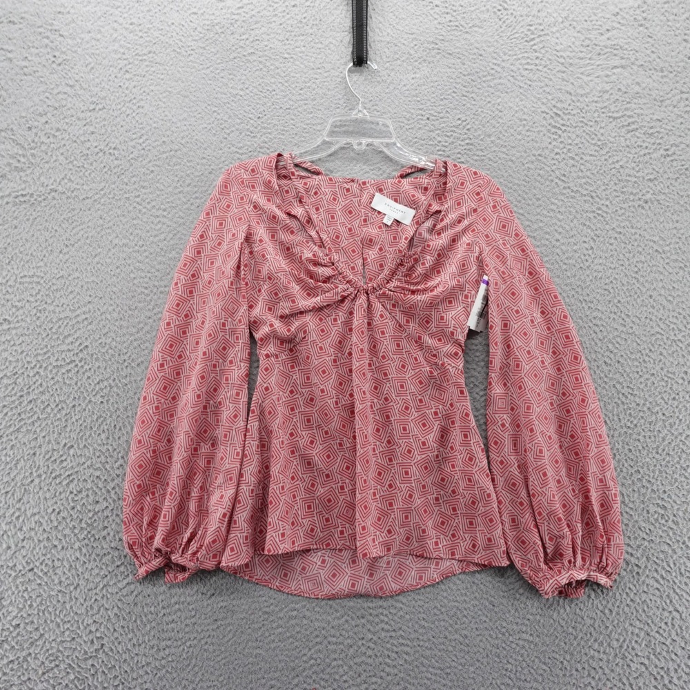 Equipment Femme Women Size 0 Red White Silk Geometric Balloon Sleeve Blouse NEW